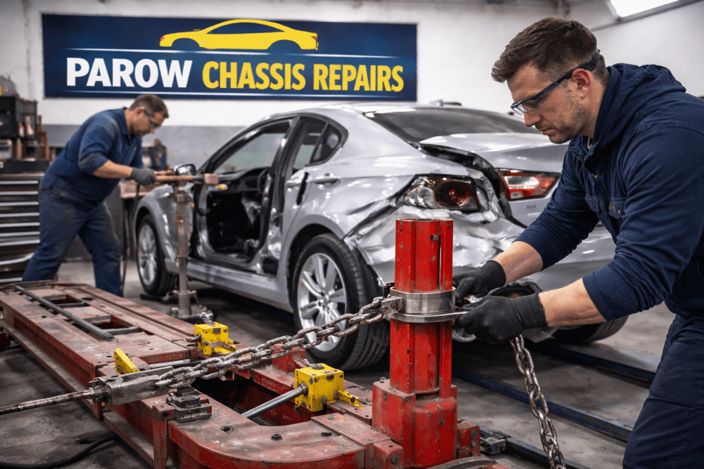 Chassis and structural repairs in Parow showing frame straightening on accident damaged vehicle